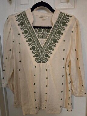 Fig & Flower Boho Embroidered Cream Tunic Top Blouse Green Floral Detail Sm